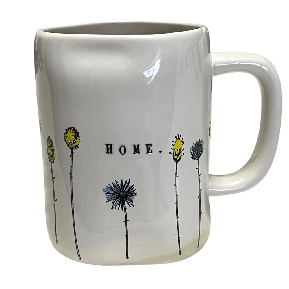 Rae Dunn White Mug Whimsical Yellow Black Floral Design "HOME" Minimalist‎